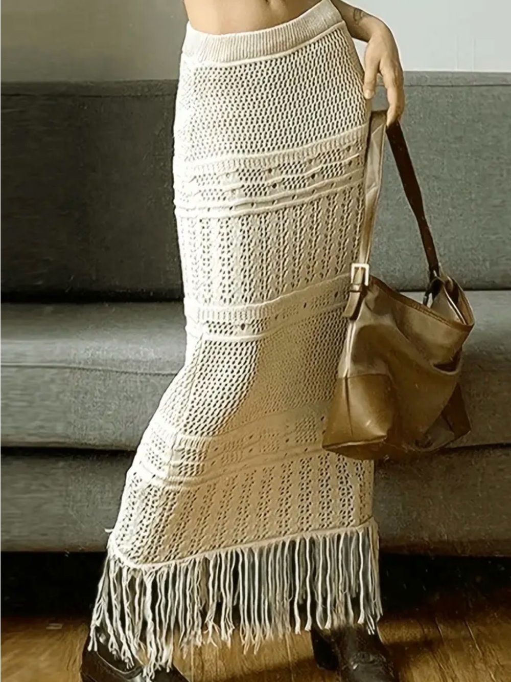 Women’s Cream Crochet Knit Midi Skirt